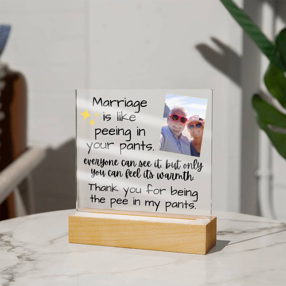 Jewelry Marriage Is Like Peeing In Your Pants - Custom Acrylic w/ LED Light Wood Stand - AC36