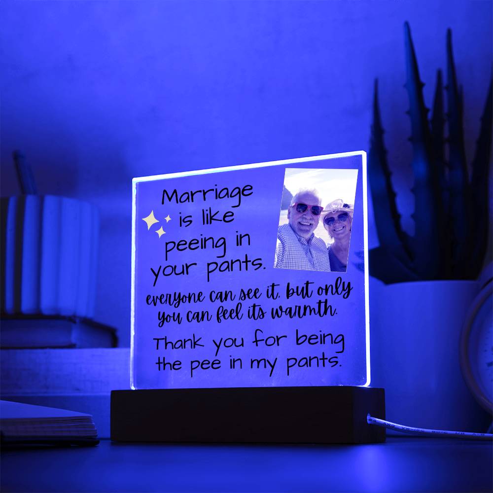Jewelry Marriage Is Like Peeing In Your Pants - Custom Acrylic w/ LED Light Wood Stand - AC36