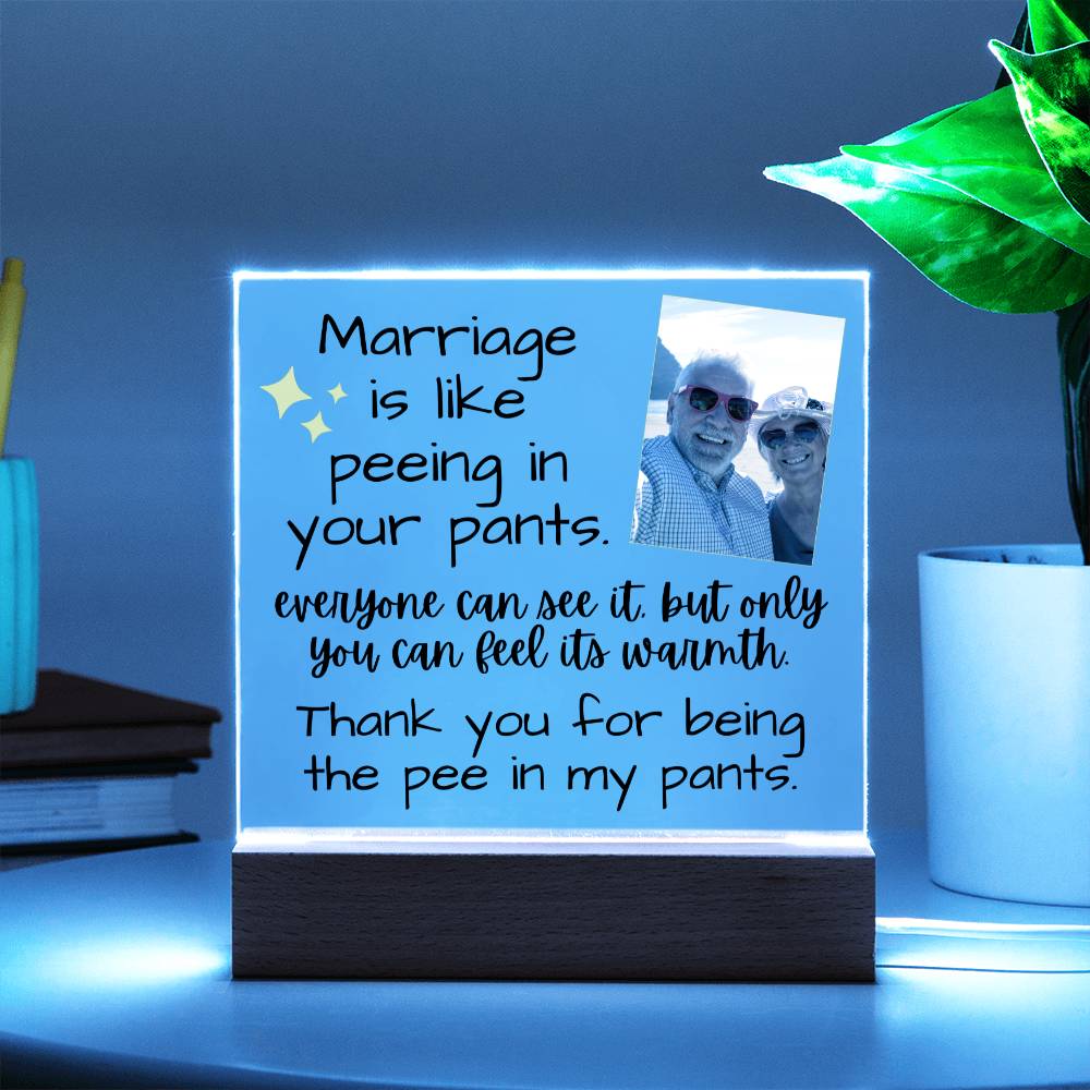 Jewelry Marriage Is Like Peeing In Your Pants - Custom Acrylic w/ LED Light Wood Stand - AC36