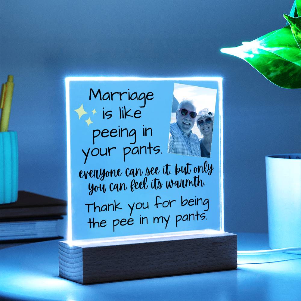 Jewelry Marriage Is Like Peeing In Your Pants - Custom Acrylic w/ LED Light Wood Stand - AC36