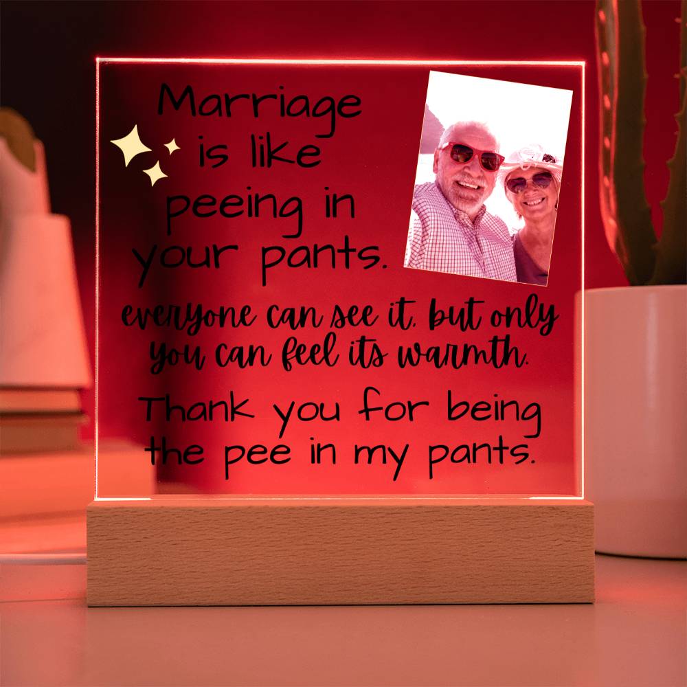 Jewelry Marriage Is Like Peeing In Your Pants - Custom Acrylic w/ LED Light Wood Stand - AC36