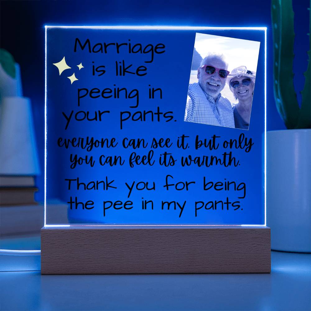 Jewelry Marriage Is Like Peeing In Your Pants - Custom Acrylic w/ LED Light Wood Stand - AC36