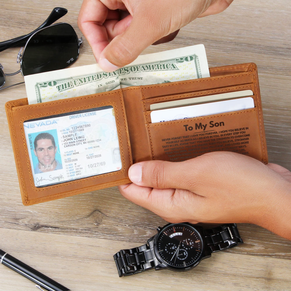 Jewelry To My Son - Love, Dad - Engraved Premium Bi-fold Leather Wallet - SS542W