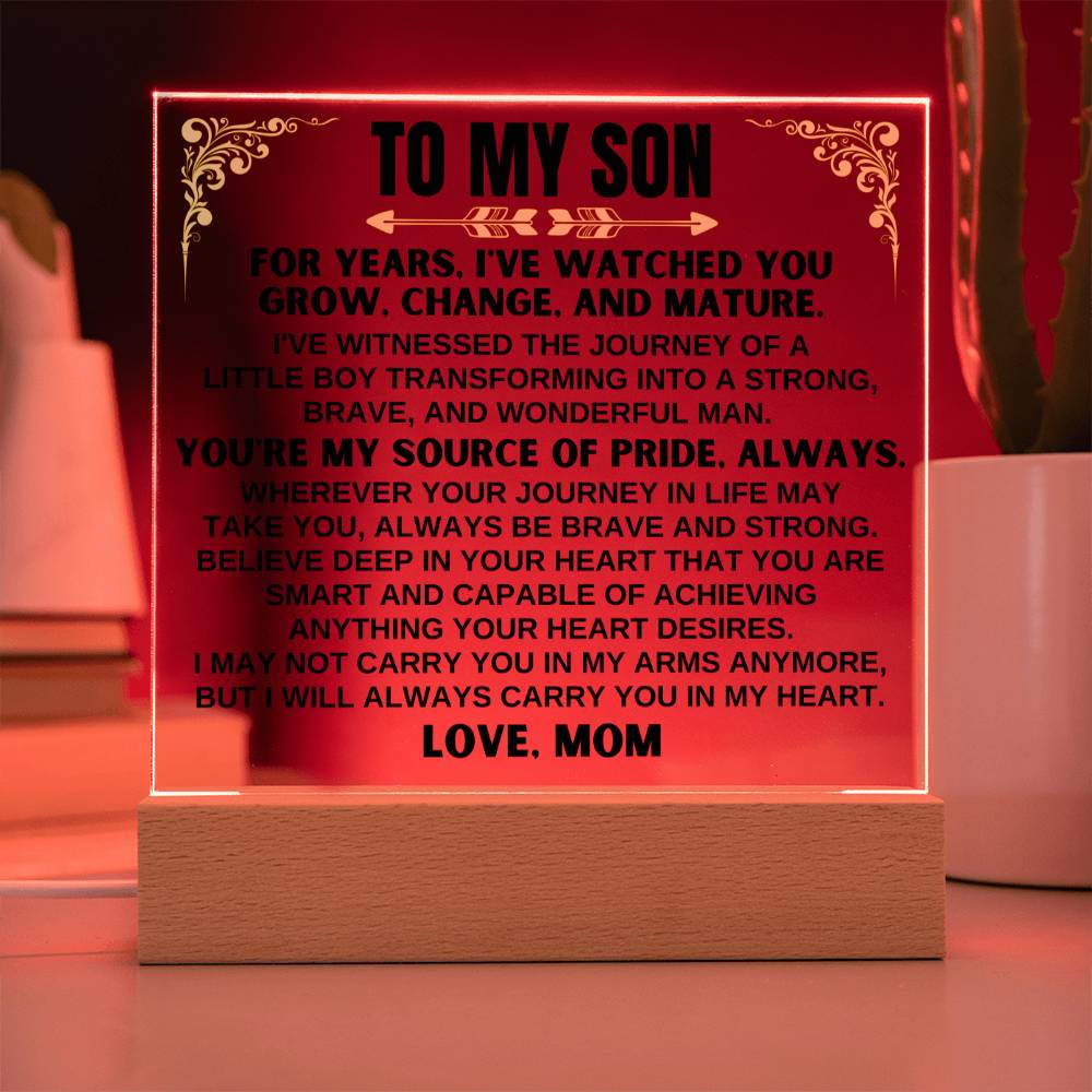 Jewelry Unique Gift for Son from Mom - Acrylic Plaque with LED-Lit Wooden Base - AC32