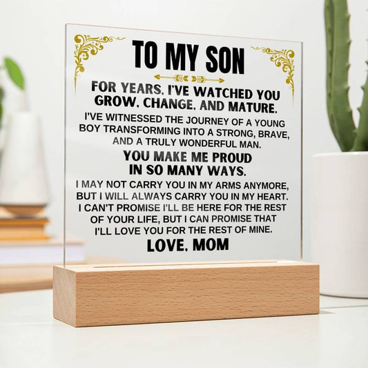Jewelry Unique Gift for Son from Mom - Acrylic Plaque with LED-Lit Wooden Base - AC35