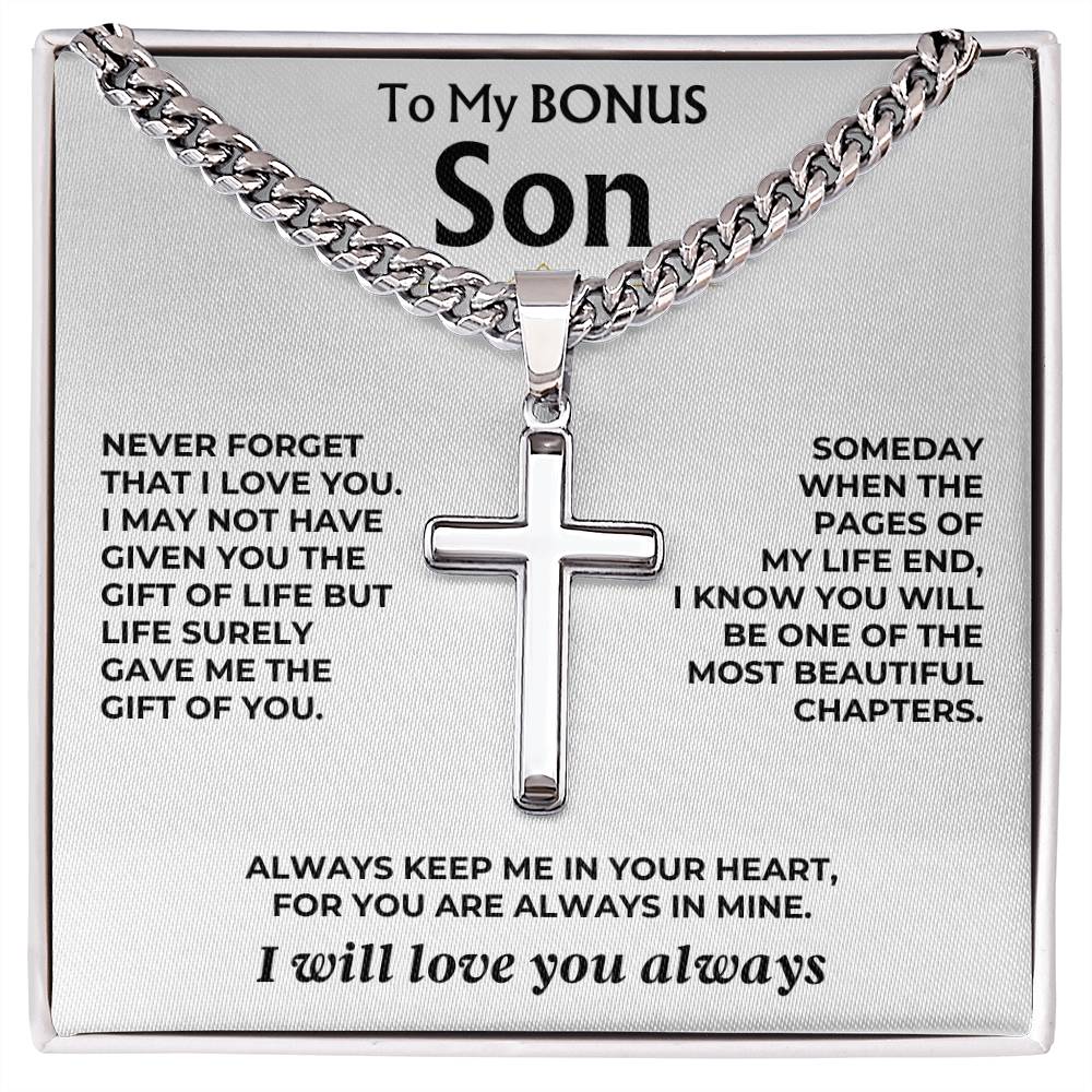 Jewelry To My Bonus Son - Cuban Link - Artisan Cross - Gift Set - SS558S