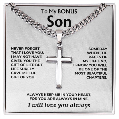 Jewelry To My Bonus Son - Cuban Link - Artisan Cross - Gift Set - SS558S