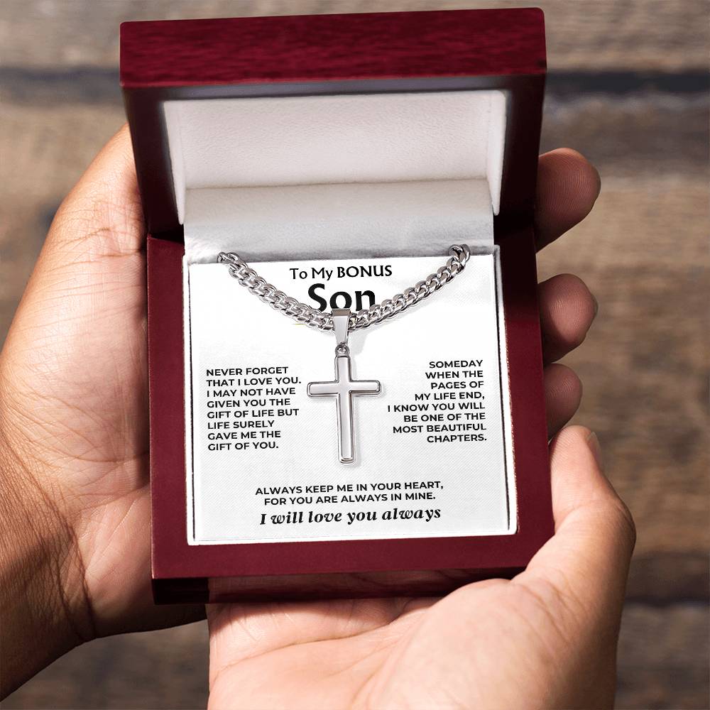 Jewelry To My Bonus Son - Cuban Link - Artisan Cross - Gift Set - SS558S