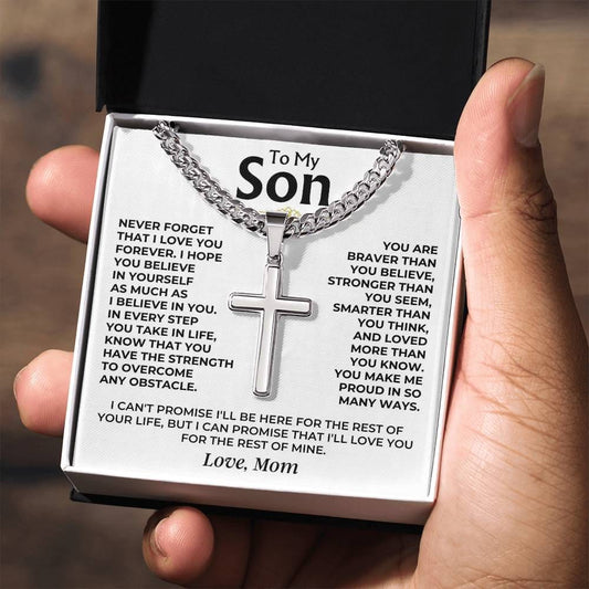 Jewelry To My Son - Love Mom - Cuban Link - Artisan Cross - Gift Set - SS542S