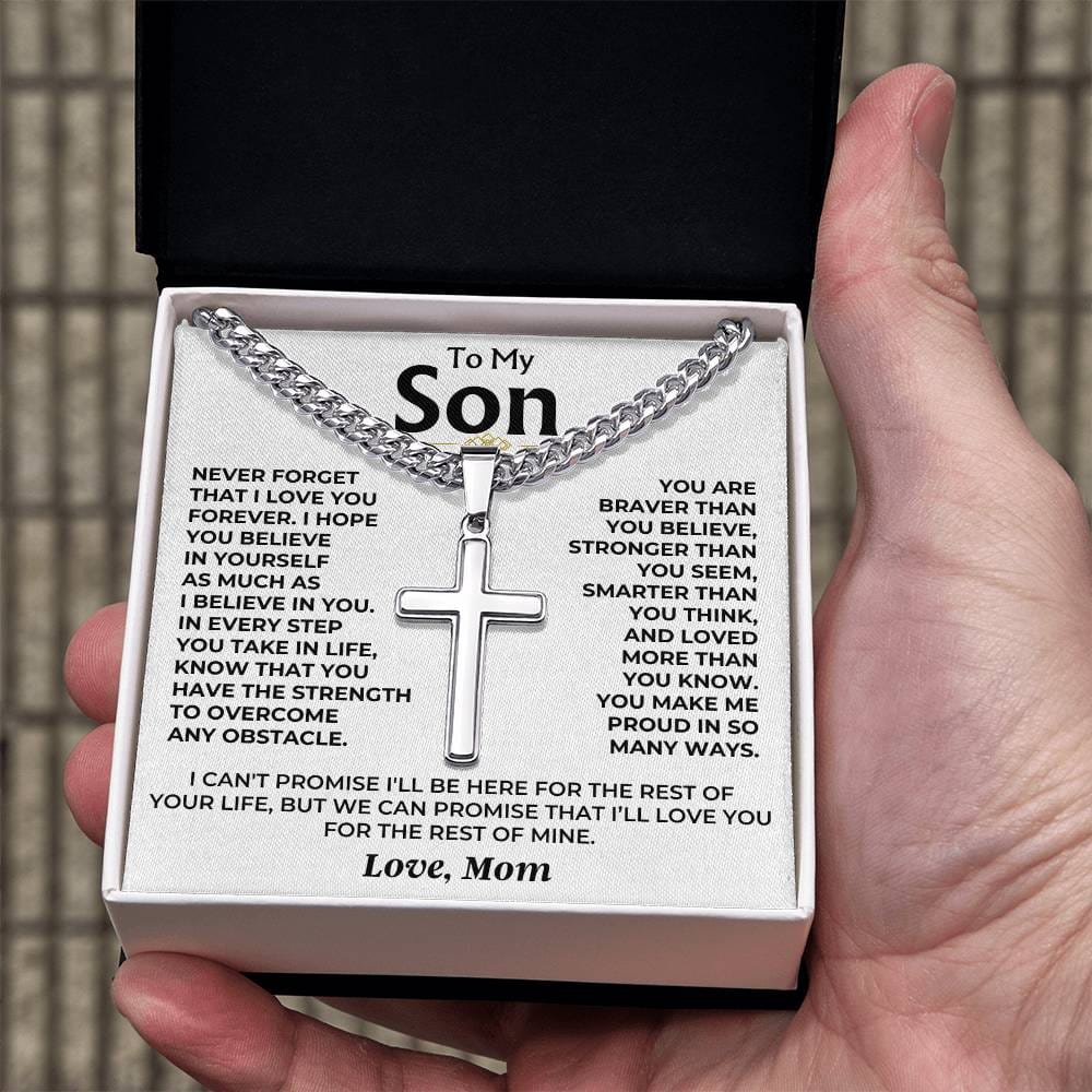 Jewelry To My Son - Love Mom - Cuban Link - Artisan Cross - Gift Set - SS542SM