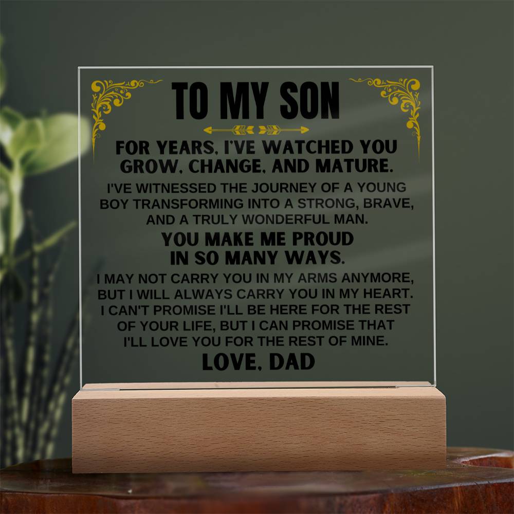 Jewelry Unique Gift for Son from Dad - Acrylic Plaque with LED-Lit Wooden Base - AC35D