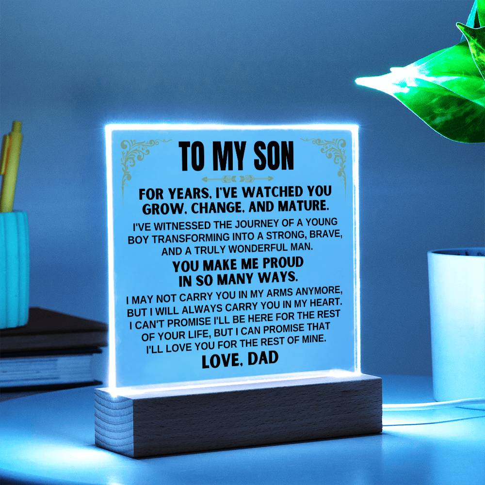 Jewelry Unique Gift for Son from Dad - Acrylic Plaque with LED-Lit Wooden Base - AC35D