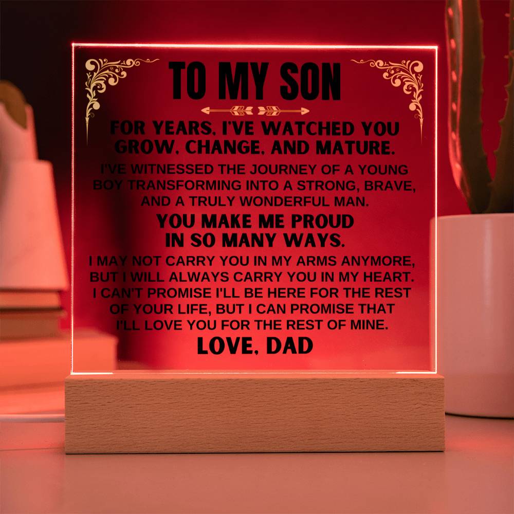 Jewelry Unique Gift for Son from Dad - Acrylic Plaque with LED-Lit Wooden Base - AC35D
