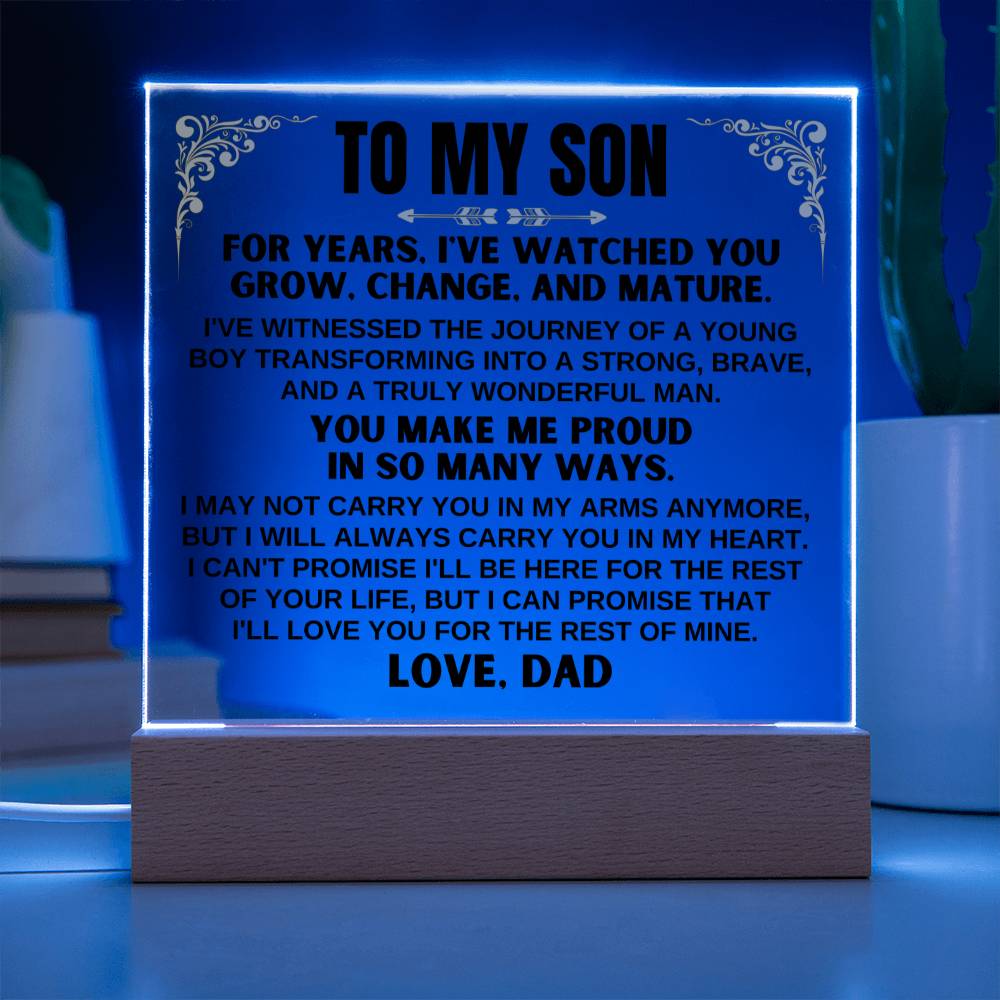 Jewelry Unique Gift for Son from Dad - Acrylic Plaque with LED-Lit Wooden Base - AC35D