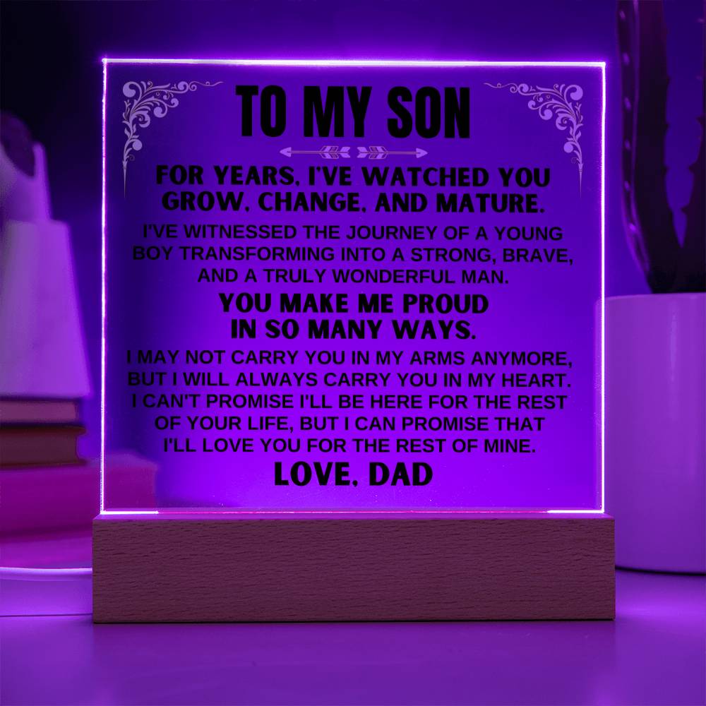 Jewelry Unique Gift for Son from Dad - Acrylic Plaque with LED-Lit Wooden Base - AC35D