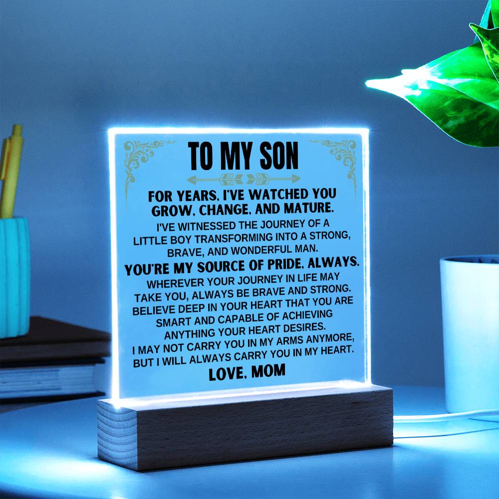 Jewelry Unique Gift for Son from Mom - Acrylic Plaque with LED-Lit Wooden Base - AC32