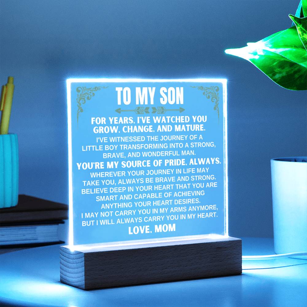 Jewelry Unique Gift for Son from Mom - Acrylic Plaque with LED-Lit Wooden Base - AC32W