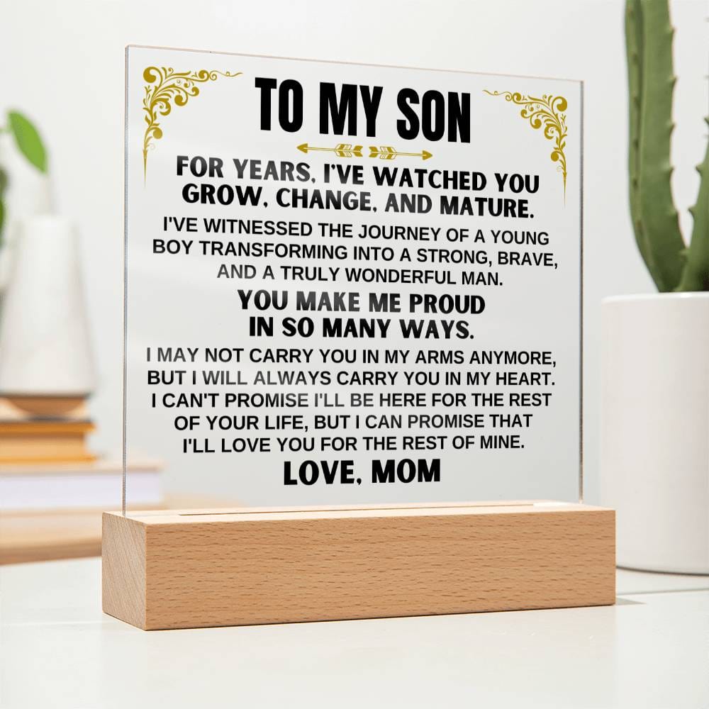 Jewelry Unique Gift for Son from Mom - Acrylic Plaque with LED-Lit Wooden Base - AC35