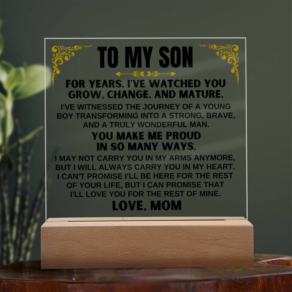 Jewelry Unique Gift for Son from Mom - Acrylic Plaque with LED-Lit Wooden Base - AC35