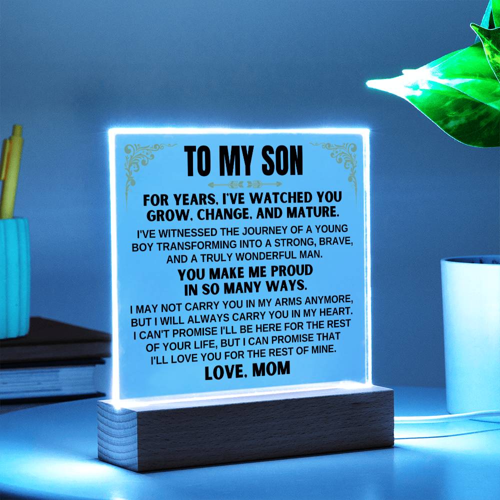 Jewelry Unique Gift for Son from Mom - Acrylic Plaque with LED-Lit Wooden Base - AC35