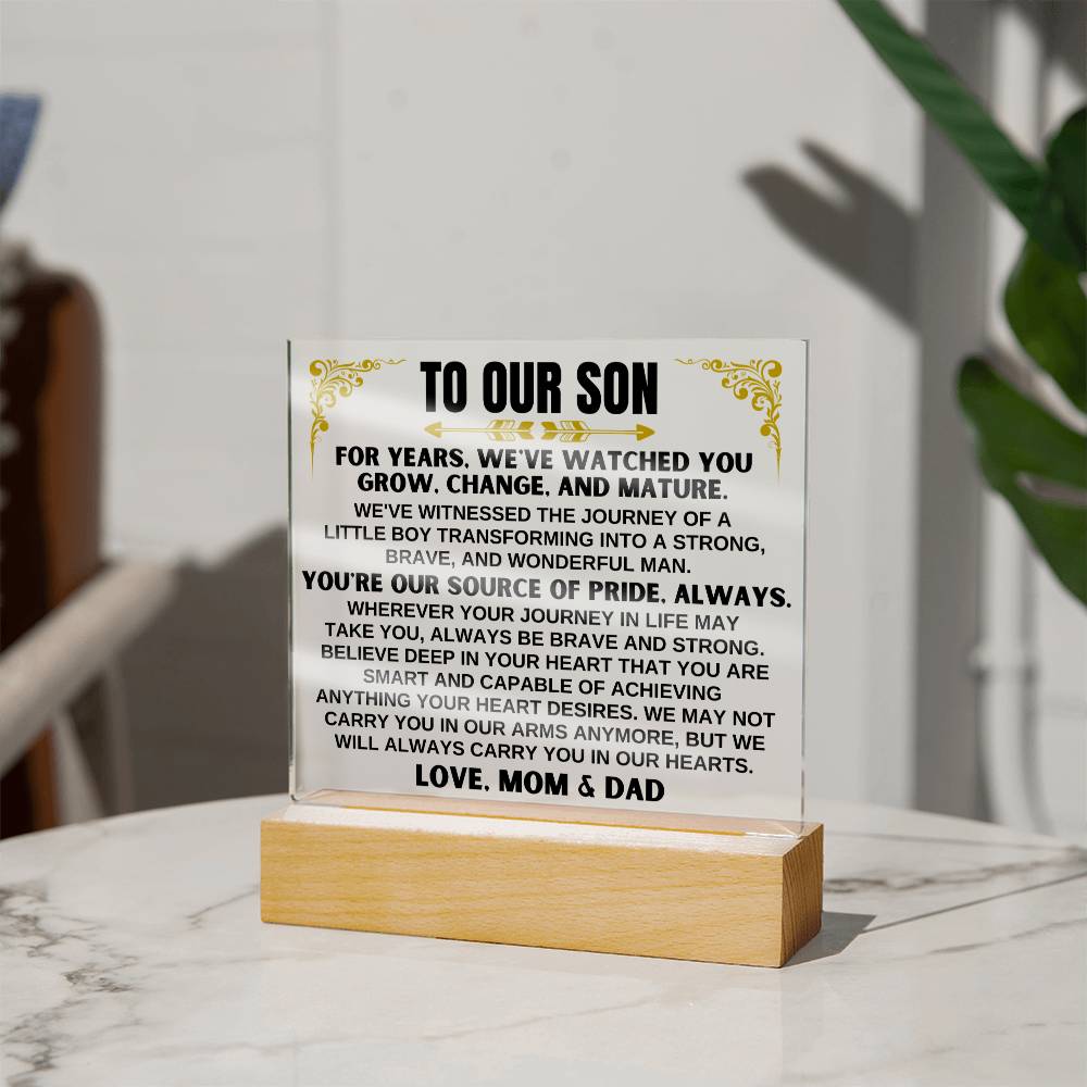 Jewelry Unique Gift for Son from Mom & Dad - Acrylic Plaque with LED-Lit Wooden Base - AC32