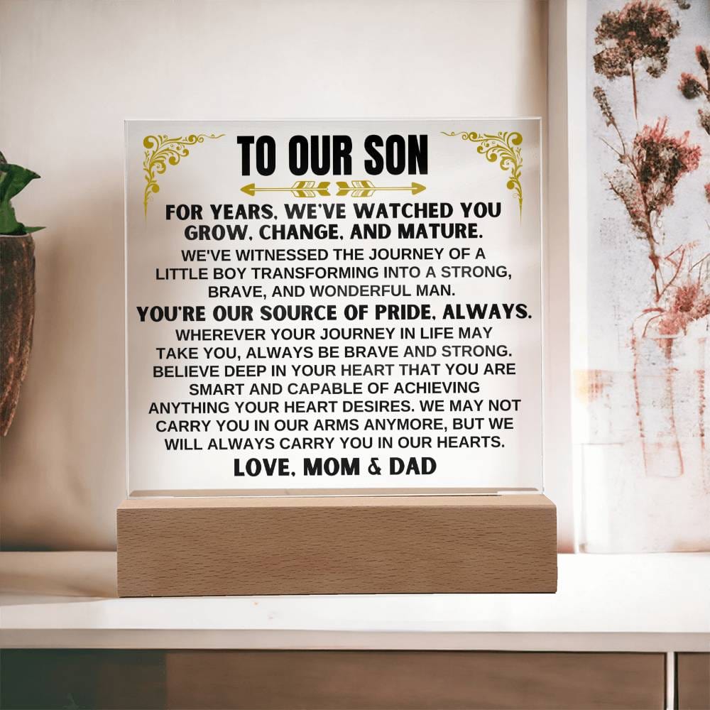 Jewelry Unique Gift for Son from Mom & Dad - Acrylic Plaque with LED-Lit Wooden Base - AC32