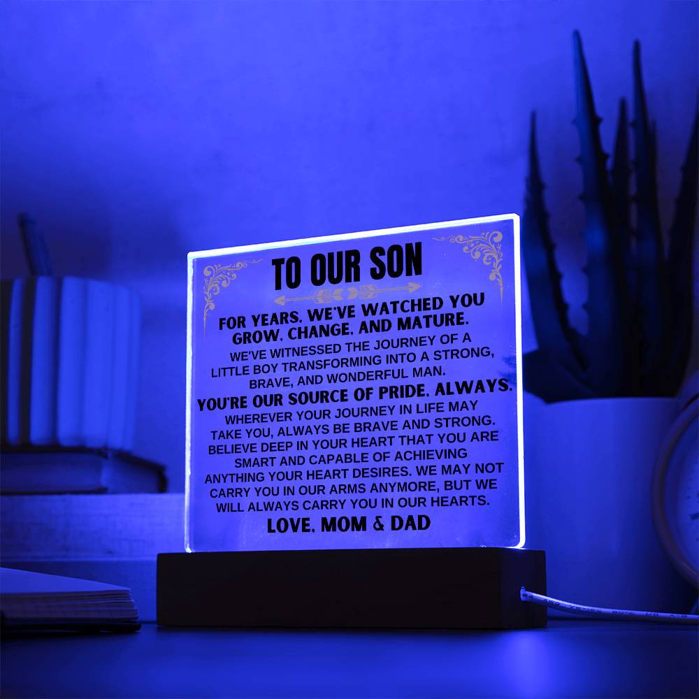 Jewelry Unique Gift for Son from Mom & Dad - Acrylic Plaque with LED-Lit Wooden Base - AC32