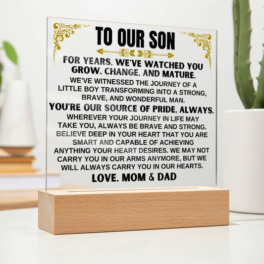 Jewelry Unique Gift for Son from Mom & Dad - Acrylic Plaque with LED-Lit Wooden Base - AC32