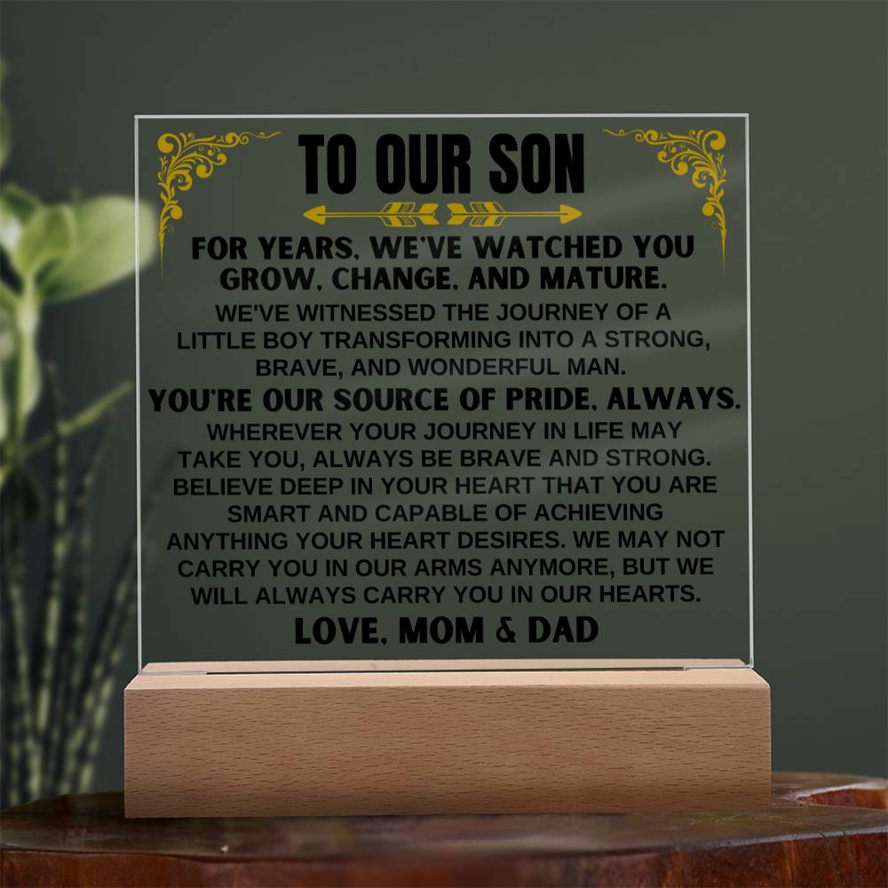 Jewelry Unique Gift for Son from Mom & Dad - Acrylic Plaque with LED-Lit Wooden Base - AC32