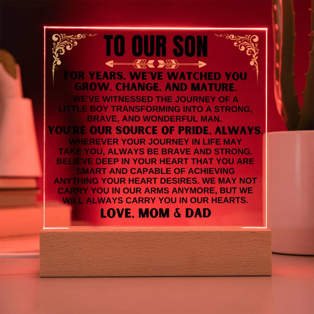 Jewelry Unique Gift for Son from Mom & Dad - Acrylic Plaque with LED-Lit Wooden Base - AC32