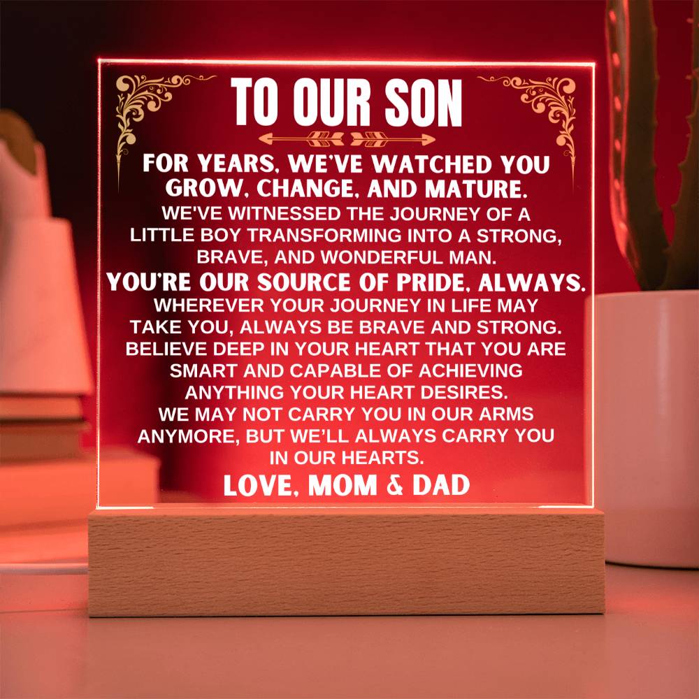 Jewelry Unique Gift for Son from Mom & Dad - Acrylic Plaque with LED-Lit Wooden Base - AC32MD