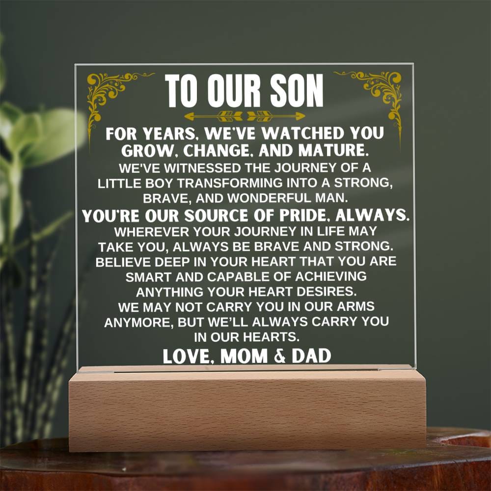 Jewelry Unique Gift for Son from Mom & Dad - Acrylic Plaque with LED-Lit Wooden Base - AC32MD