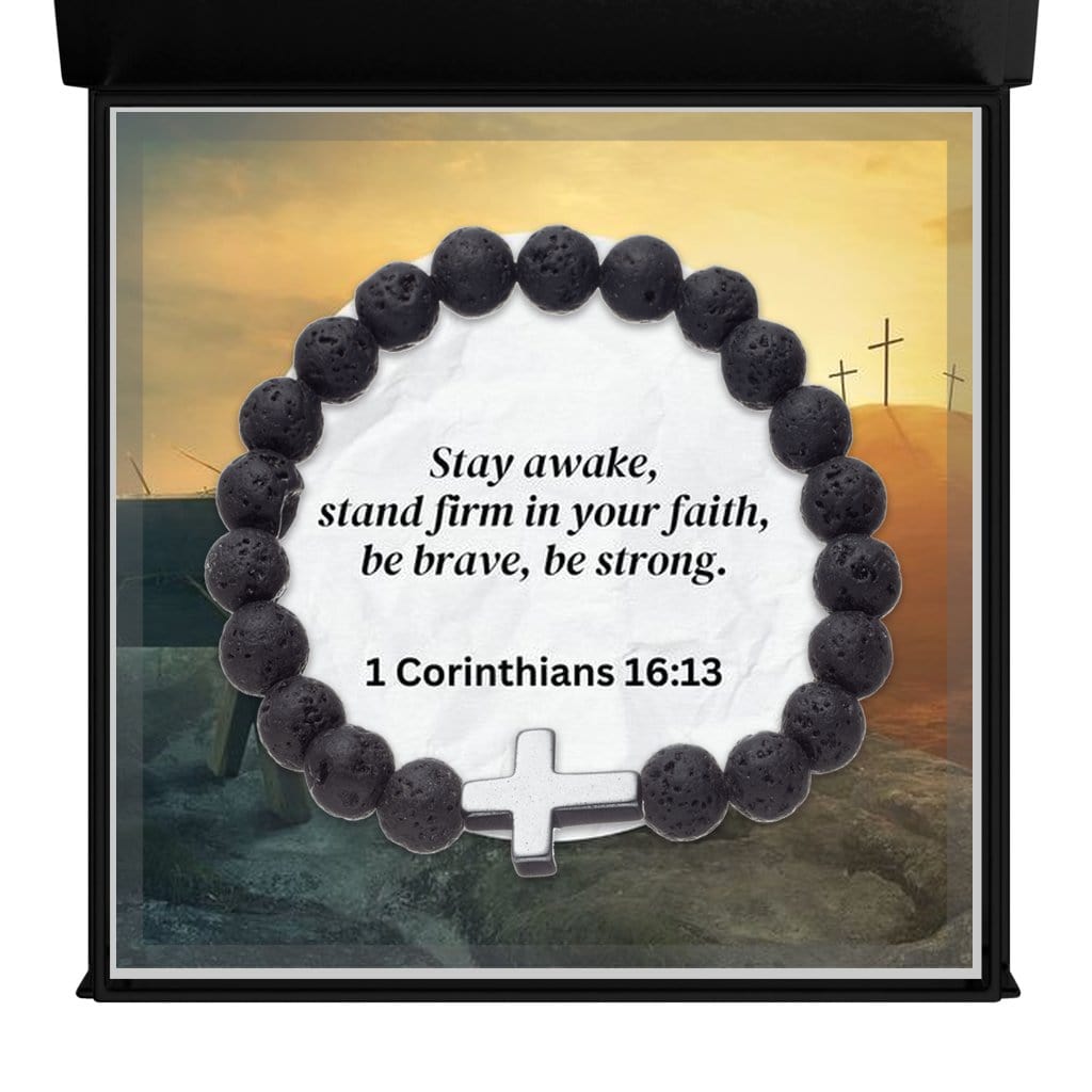 1 Corinthians 16:13 - Faith Cross - Volcanic Stone Bead Unisex Bracelet (AS05)