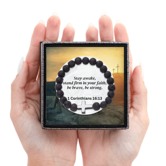 1 Corinthians 16:13 - Faith Cross - Volcanic Stone Bead Unisex Bracelet (AS05)