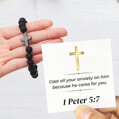 1 Peter 5:7 - Faith Cross - Volcanic Stone Bead Unisex Bracelet (AS08)