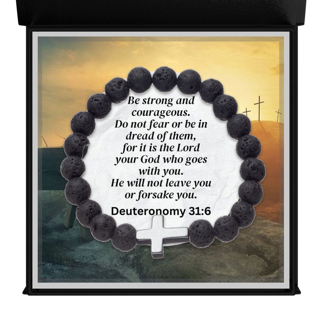 Deuteronomy 31:6 - Faith Cross - Volcanic Stone Bead Unisex Bracelet (AS03)