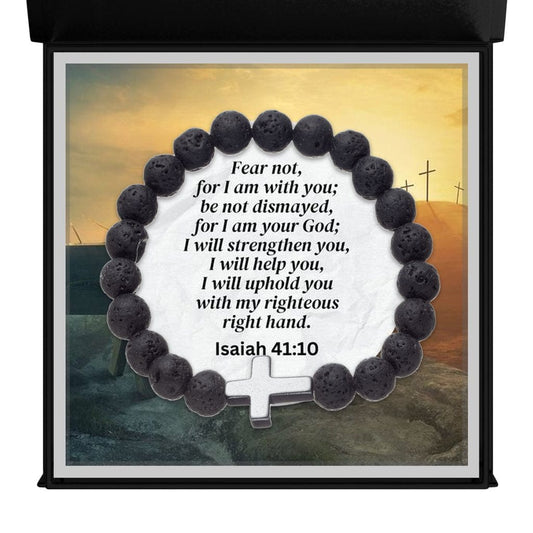 Isaiah 41:10 - Faith Cross - Volcanic Stone Bead Unisex Bracelet (AS04)