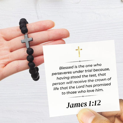 James 1:12 - Faith Cross - Volcanic Stone Bead Unisex Bracelet (AS06)