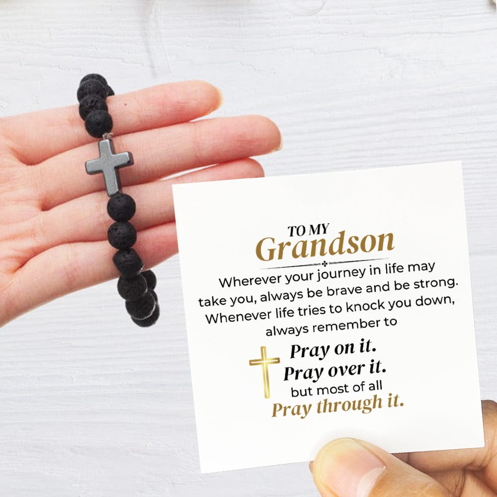 To My Grandson - Pray Through It - Volcanic Bead Cross Bracelet Set - SS356